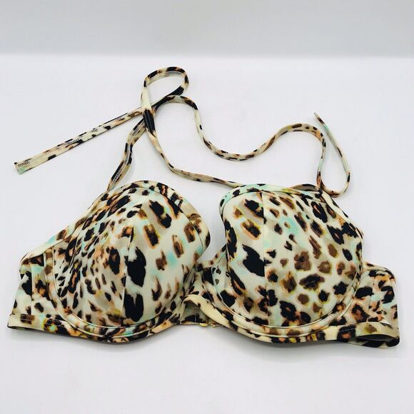 Secret Bikini Top Brown Green Cream Leopard Print Padded Swimwear 34D - Picture 1 of 4